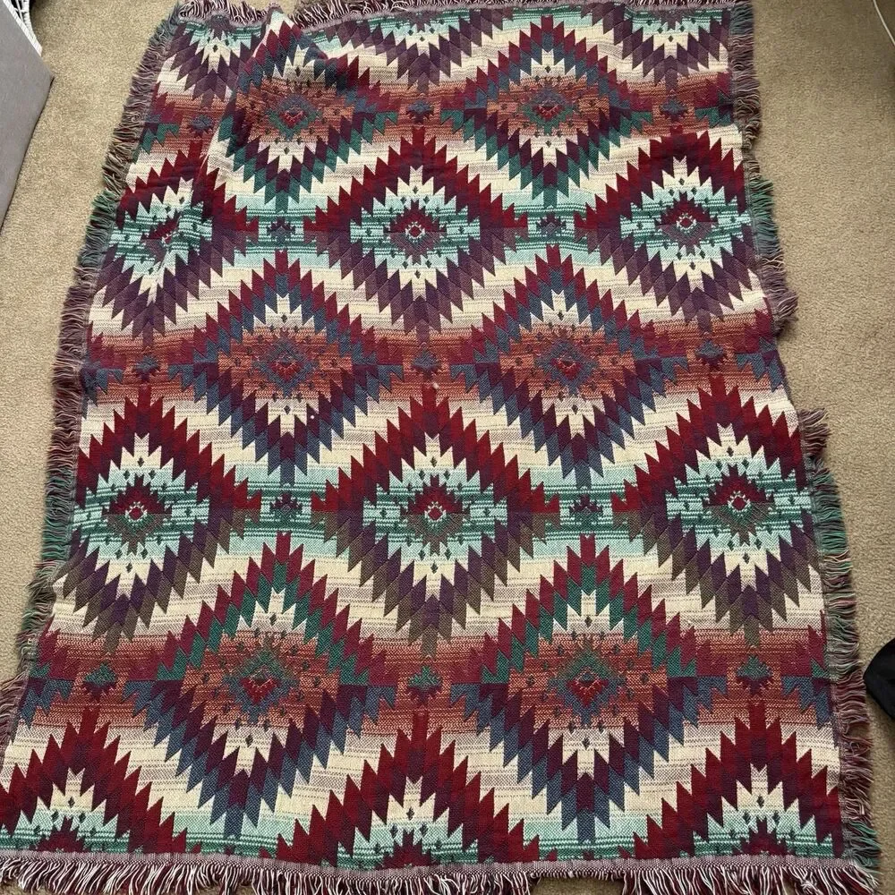 Goodwin Weavers Tapestry Throw Blanket 48x56 Cotton Fringe Aztec Tribal Cottage